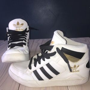 Boys Adidas Hard Court High Black White Gold High Top Sneaker